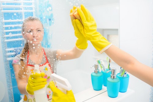 Warning signs and wet floor precautions during carpet cleaning